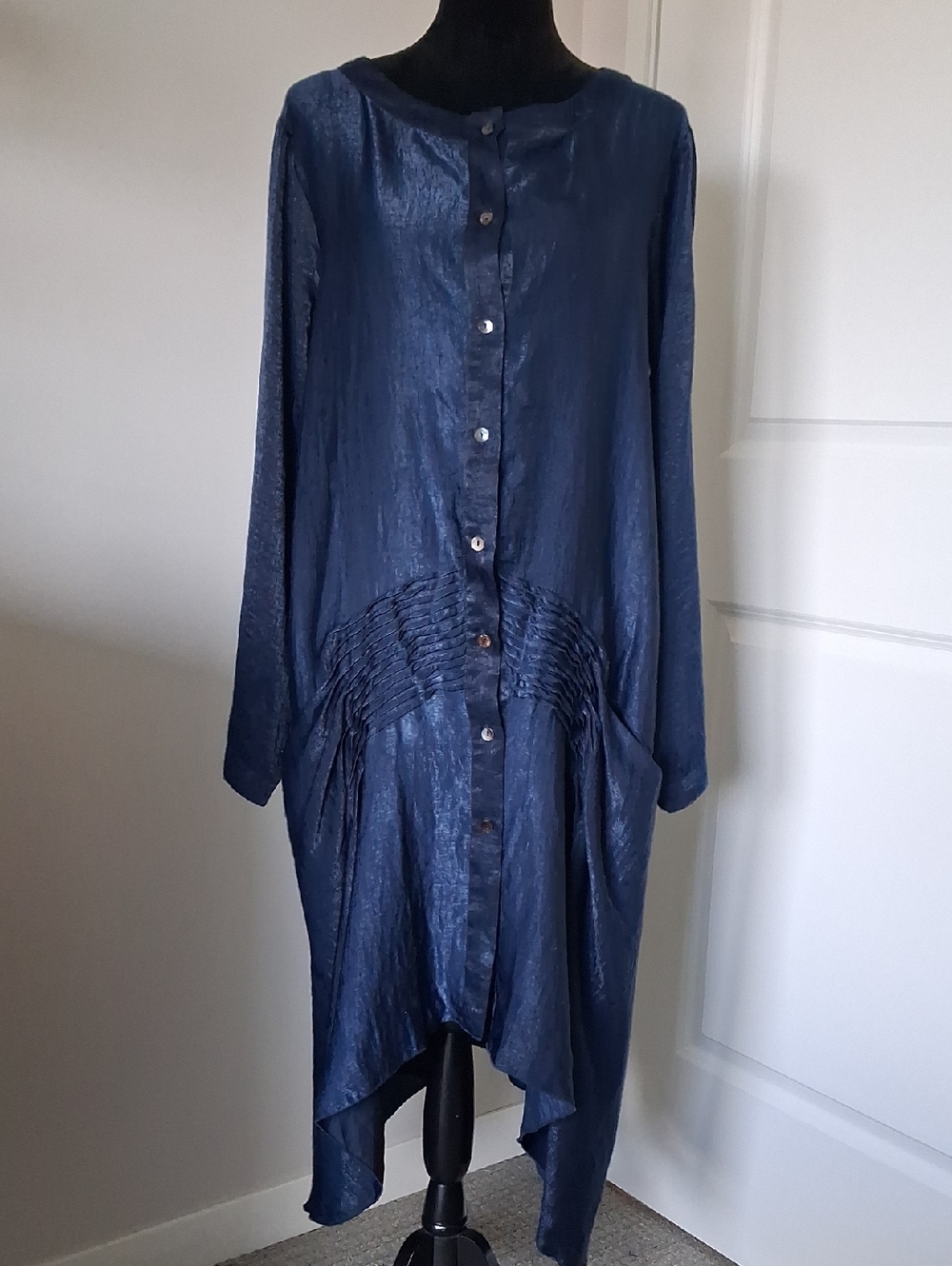 Matthildur Navy Velvet Satin Button-Down Sheath Dress  ** Size Large